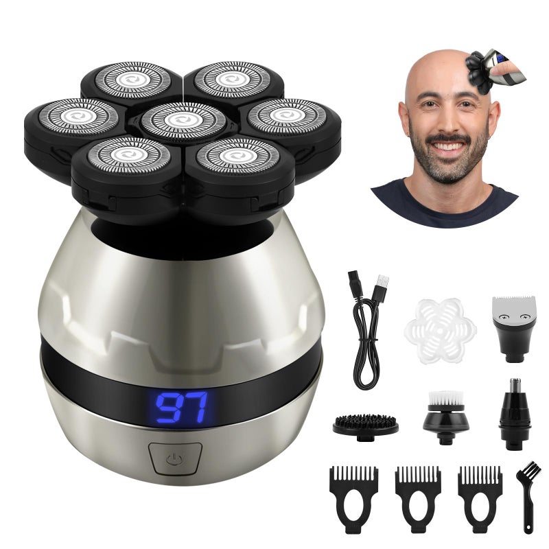 LOPHE 7D Electric Shaver for Men, 5-in-1 Cordless Wet & Dry Head Shaver with 7 Floating Heads, IPX6 Waterproof, USB-C & Wireless Charging, LED Display, Full Grooming Kit for Bald Head & Face